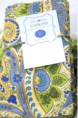 NUEVO CON ETIQUETAS April Cornell SET 10 servilletas azul verde cachemira algodón país francés 16x16 Foto 1 de 2