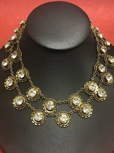 VINTAGE FREIRICH DOPPELSTRANG MESSINGFARBEN KLAR STRASS HALSKETTE 14" LANG - Bild 1 von 9