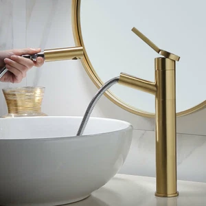 Brushed Gold 360° Rotate Pull Out Basin Faucet 1 Handle Vessel Sink Mixer Taps - Picture 1 of 8