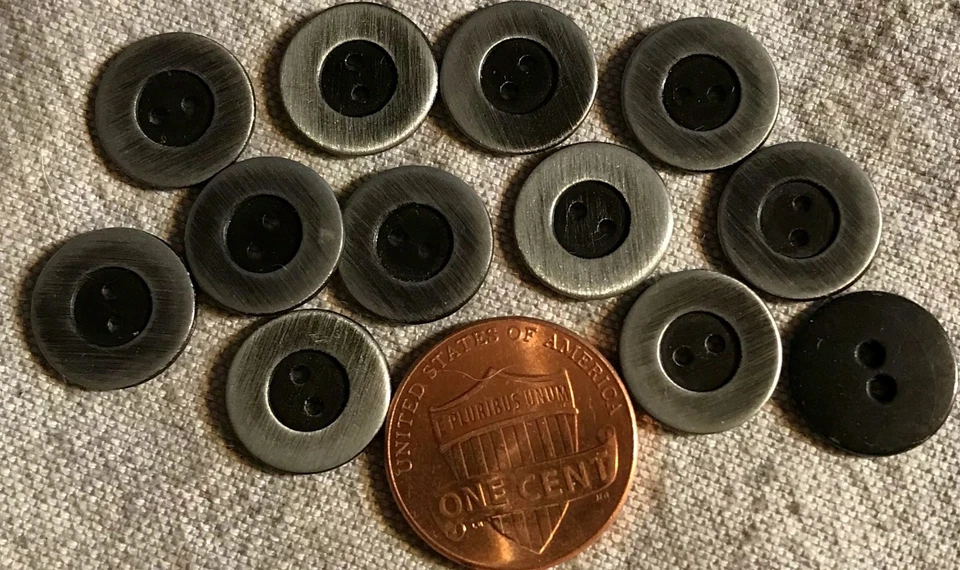 12 Small Silver Tone Metal & Black Sew-through 2-hole Buttons 1/2" 12.5mm 4783 - Image 1 of 1