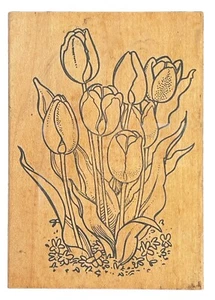 Tulips Clusters Bunch Spring Flower Plant Nature Garden Wood Rubber Stamp - Picture 1 of 3