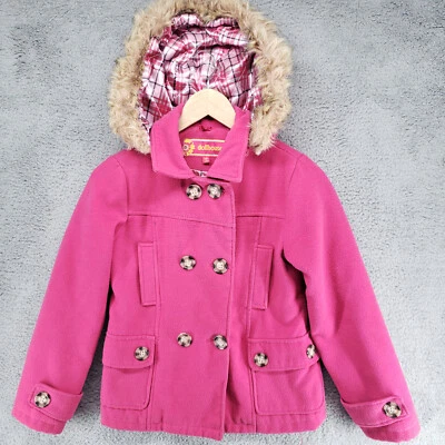 Dollhouse Coat Girls Size L 14 Pink with Plaid Lining Faux Fur Trim Hood Button - Image 1 of 4