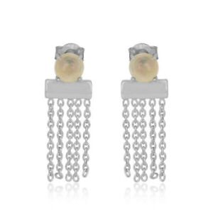 Solid 925 Sterling Silver Ethiopian Opal Gemstone Bar Design Chain Earrings