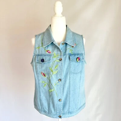 Vintage The Quaker Factory Floral Embroidered Rhinestone Blue Denim Vest Medium - Image 1 of 4