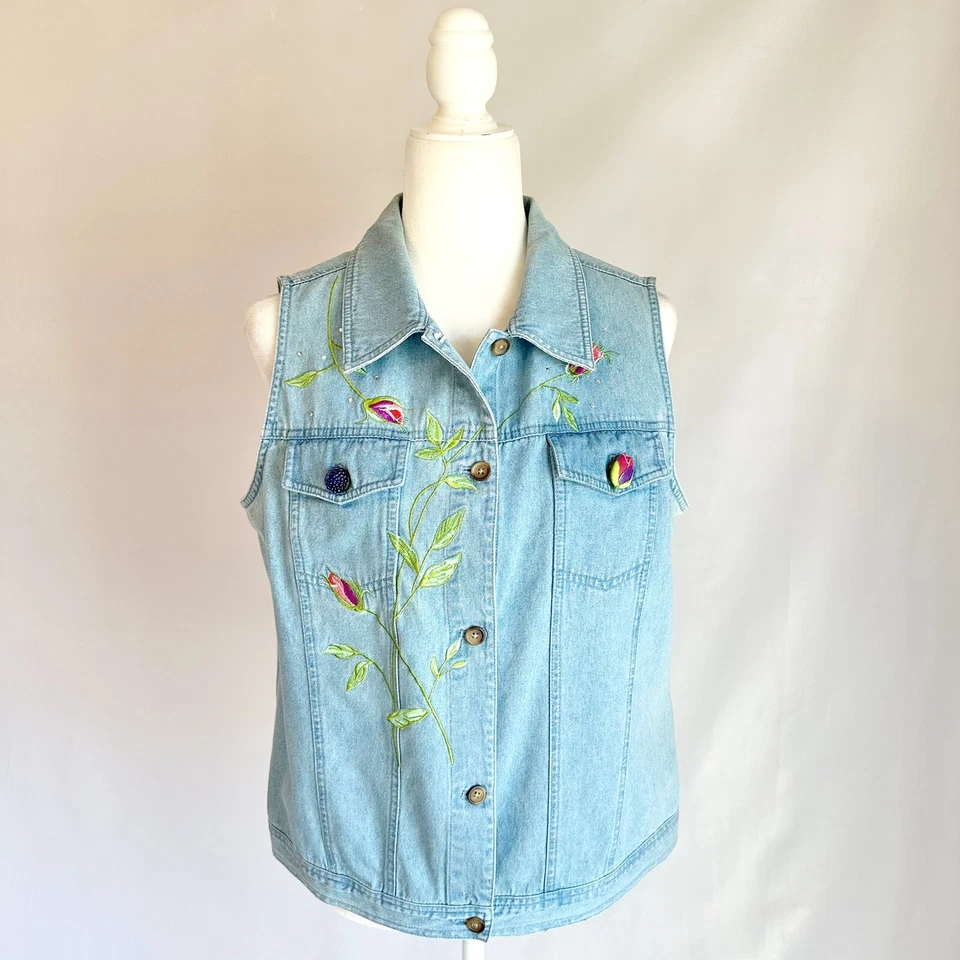 Vintage The Quaker Factory Floral Embroidered Rhinestone Blue Denim Vest Medium - Image 1 of 4