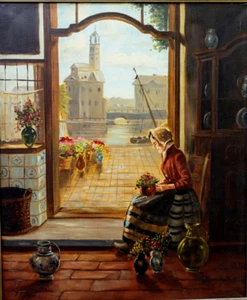 Gemälde Öl Leinwand Dame Blumenfrau Interieur Kirche sign. P. Kragen 61 x 51 cm - Bild 1 von 4