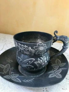 Antique ROCKFORD SILVER P. CO Exquisite Cup & Saucer DRAGON HANDLE 1882 #242 - Picture 1 of 12