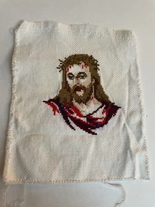 VTG COMPLETE Jesus Crown Thorns Cross Stitch Sampler READY TO FRAME Raw Edge - Picture 1 of 4