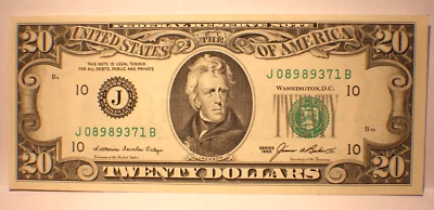 VINTAGE 1985 - $20 FRN Kansas City - ORTEGA / BAKER signed Crisp Uncirculated - Image 1 of 4