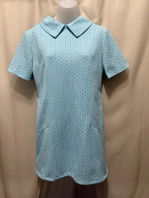 Vtg 60s 70s Mod Blue Textured Floral Poly Knit Shift Dress Sz S-M - Image 1 of 4