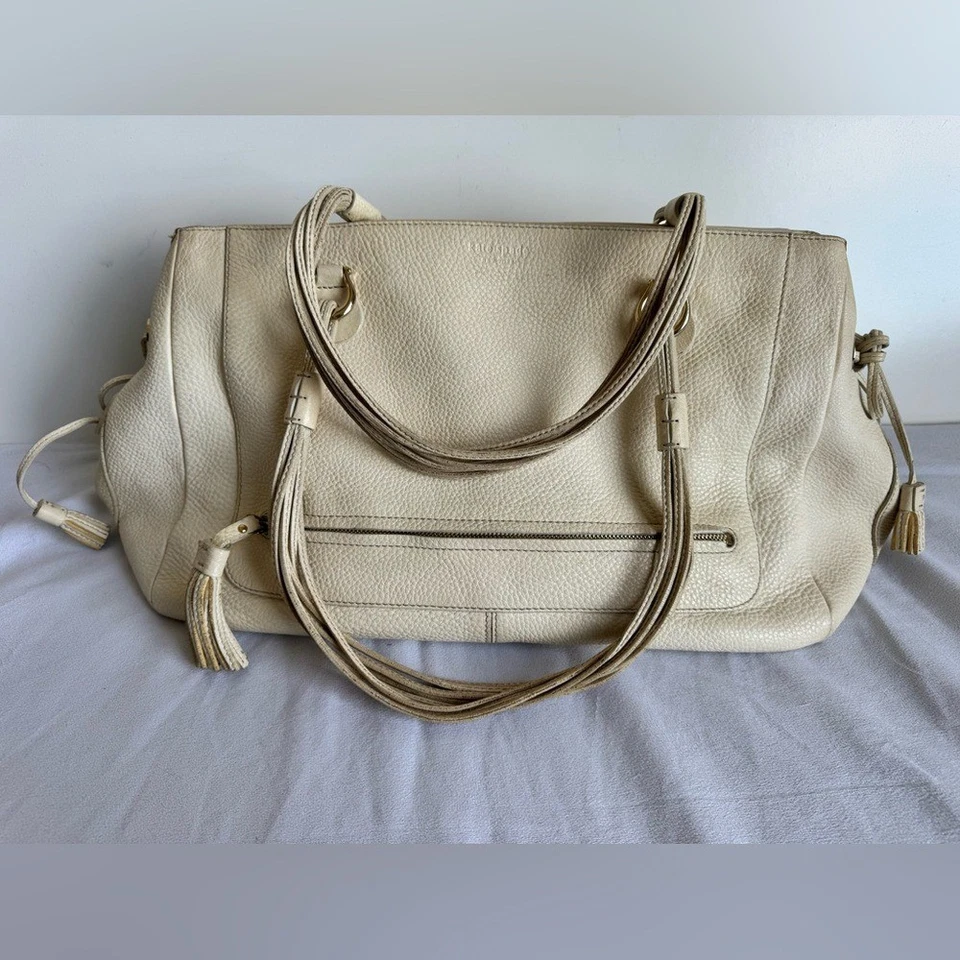 Kate Spade New York Deco large pebbled leather satchel cream green lining rope - Image 1 of 4