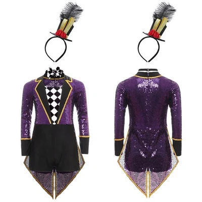 US Girl Sequins Circus Show Ringmaster Long Sleeve Tuxedo Bodysuit Fancy Dress - Image 1 of 3