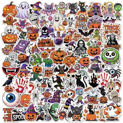 BRANDED 100PCS Happy Halloween Stickers for Kids - Holographic Ghost Pumpkin Theme Stick