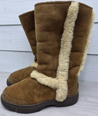 UGG Womens Sunburst Tall Boot Tan Brown Sheepskin Outer Stripe 5218 Warm Size W7 - Image 1 of 4