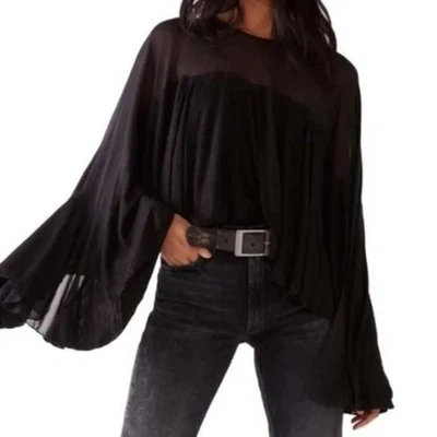 Top túnica Free People negro de malla superpuesta manga campana XS Foto 1 de 4