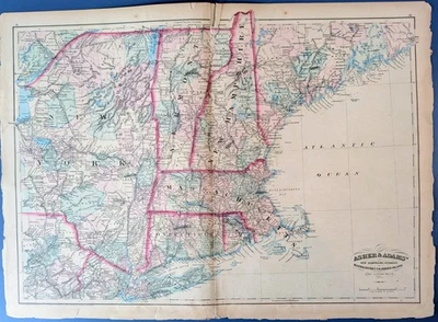 Asher & Adams New England Map c1870 w/ Picasso-esque Modernist Verso Drawing - Image 1 of 4