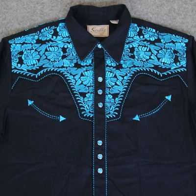 Camisa Scully Western Para Hombre L Negra Turquesa Bordada Floral GunFighter Snap Foto 1 de 4