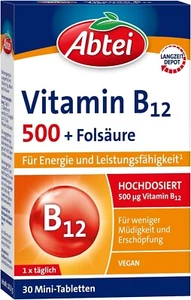 Abtei Vitamin B12 plus Folsäure Energie Nahrungsergänzung 250µg 30 Tabletten - Bild 1 von 4