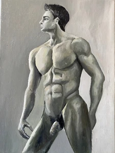 Nude man Original oil painting A3 signed Modern art Interior decoration Black - Picture 1 of 4