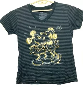 Disney grey/black striped With Gold Metallic MIckey Mouse T- Shirt Women’s XL - Picture 1 of 3