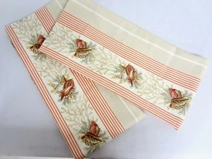 Pair Panels Unlined Cotton Duck Coral Tan Cream Stripe w SEA SHELLS 36" L - Picture 1 of 6