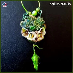 Green Witch Wicca Talisman Celtic Amulet Pendant Charm Forest Leaf Cat Nature - Picture 1 of 24