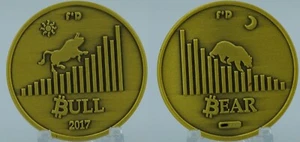 "2 Gesichter von Bitcoin" Bär/Stier Kupfer Messing Goldmünze rund endlich von Design BTC - Bild 1 von 1
