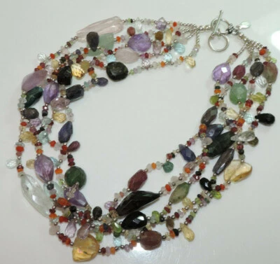 Multicolore Sfaccettato Quarzo Pietra Perlina 5 Filo 15 " Collana Argento A Cn - Immagine 1 di 4