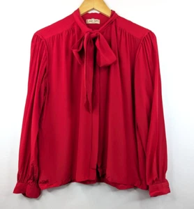 JEAN HALM Paris FRANCE VTG Women Red Button up Pussy bow Silk blouse size 8 10 - Picture 1 of 7