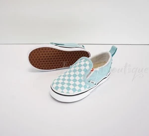 NoBox Vans Toddler Classic Slip-On V Shoe Canvas Checkerboard Aquatic White 6.5K - Picture 1 of 12