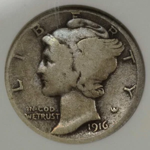 1916-D Merkur Groschen, Stichtag, gut+, alte ANACS Seifenkiste, PQ Münze für Erhaltung - Bild 1 von 4