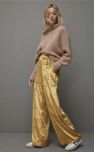 Anthropologie Anastasia Wide Leg Velvet Pant Stretch Waist Gold Brown Tint S NWT - Picture 1 of 5