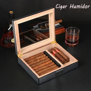 Cigar Humidor Glass Top Cedar Humidor Cigar Box w/ Digital Hygrometer Humidifier - Picture 1 of 10