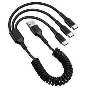 Retractable USB A to USB C Multi Charging Cable,Coiled 5A 3 in 1 Black 1 to 3 - Picture 1 of 7