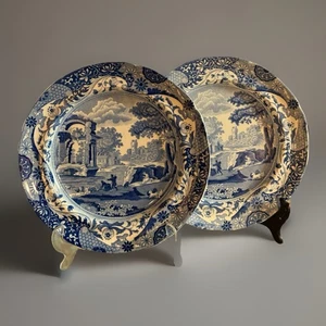 2 Antique Early Spode Pearlware Transferware Plates, Blue Italian, 9.75” C1820 - Picture 1 of 9
