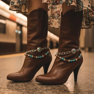 Mujeres 2 Piezas Plata Metal Bota Cadena Zapato Tobillera Onda Étnico Flor Dije Día Noche Foto 1 de 4