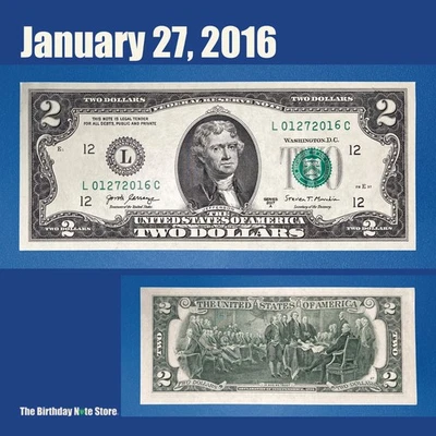 January 27, 2016 Birthday Anniversary $2 Two Dollar Bill Serial Number 01272016 - Image 1 of 2