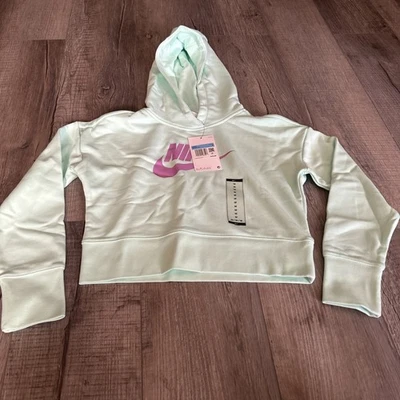 耐克女孩图形作物连帽衫套衫 10-13 岁中号绿色紫色棉全新带标签 — 第 1/4 张图片