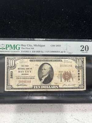 SASA 1929 Bay City Michigan $10 First National Bank Pmg Vf20 - Image 1 of 2