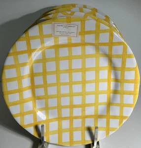 MELAMINE White & Yellow White Plaid  11" Dinner Plates Set 4 New - Picture 1 of 4