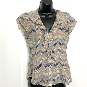 Banana Republic Womens Multicolor Print Silk-Blend Blouse Ruffled Neckline Sz XS - Picture 1 of 7