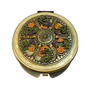 Espejo Doble Compacto Vintage Esmaltado Floral Latón Tono Dorado - Imagen 1 de 4