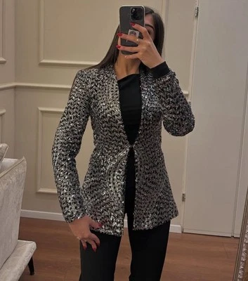 ZARA BLACK SILVER SEQUINNED BLAZER JACKET SIZE M  - Image 1 of 4