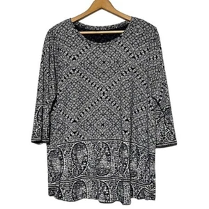 Lucky Brand Top Woman's 2X Navy White Paisley Patterned 3/4 Sleeve Cotton Modal - Picture 1 of 9