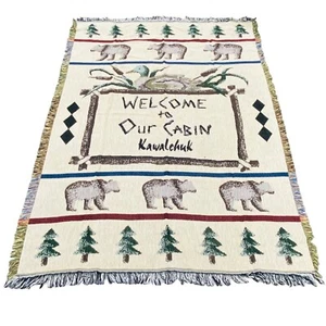 Welcome to Our Cabin Kawalchuk Bears Pine Trees Cotton Tapestry Afghan Throw - Picture 1 of 2