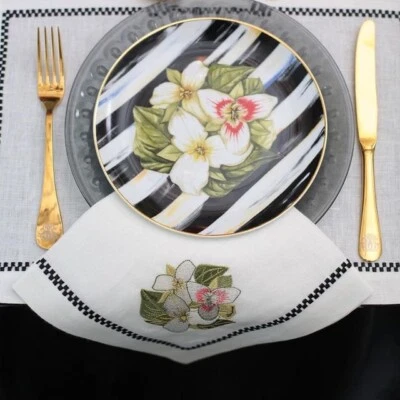 Black & White Checkered White Flower Dinner Napkin Set of 6 - Image 1 of 3