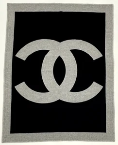 Chanel Logo Black Grey Merino Wool Cashmere Blanket - Picture 1 of 9