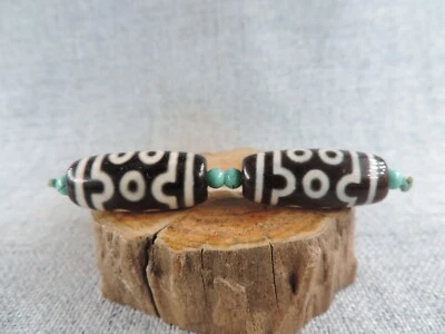 Pair 7 Eyes Tibetan Old Agate Dzi Bead Amulet Pendant Bracele Tibet Gzi Beads D - Image 1 of 4