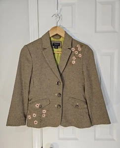 American Eagle Womens Blazer Small Cotton Tweed Embroidered Flowers Lined - Picture 1 of 15