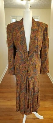 Traje Falda Vintage Años 80 Liz Claiborne Multi Paisley 100% Forrada Rayón 12/10 Foto 1 de 4